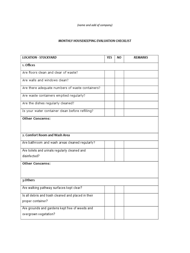 monthly housekeeping evaluation checklist: 1. offices | pdf