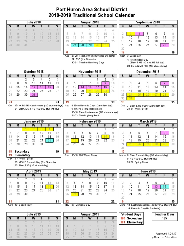 2018-2019 Phasd Traditional Calendar Approved 4 | PDF | Schools | Students