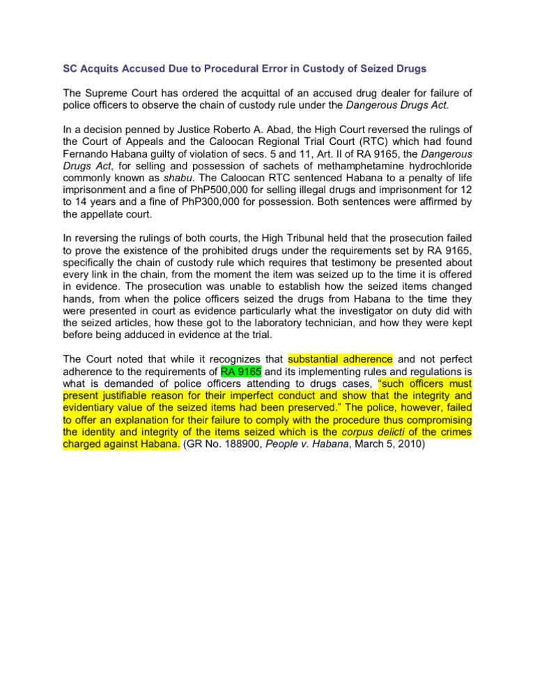 SC Acquits Accused Due To Procedural Error in Custody of Seized Drugs | PDF