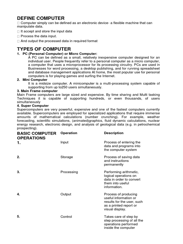 Define Computer: 1. PC (Personal Computer) or Micro Computer | PDF ...