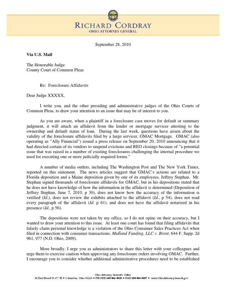 Ohio Attorney General Cordray Letter to GMAC Foreclosures Ally