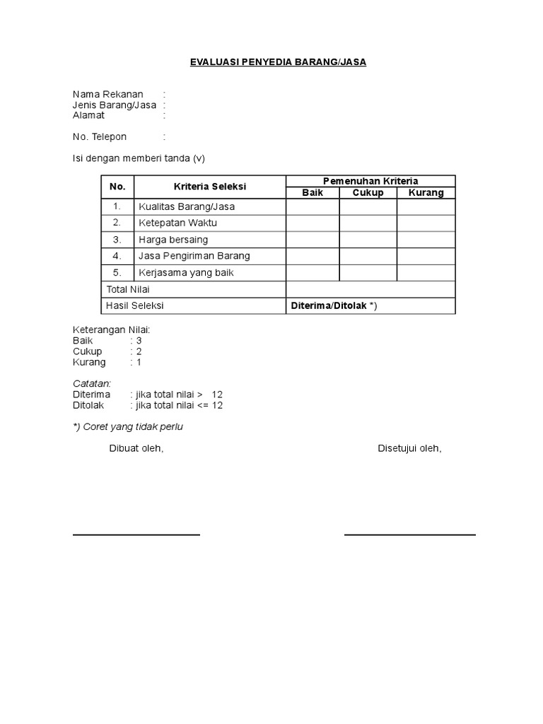 Contoh Form Evaluasi Penyedia Barang & Jasa | PDF