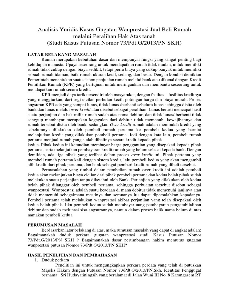 Analisis Yuridis Kasus Gugatan Wanprestasi Jual Beli Rumah