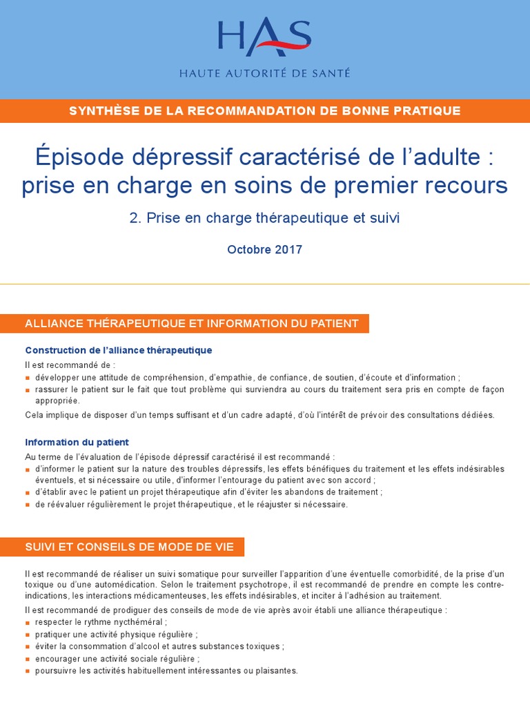 Depression Adulte Fiche de Synthese Pec | PDF | Antidépresseur ...