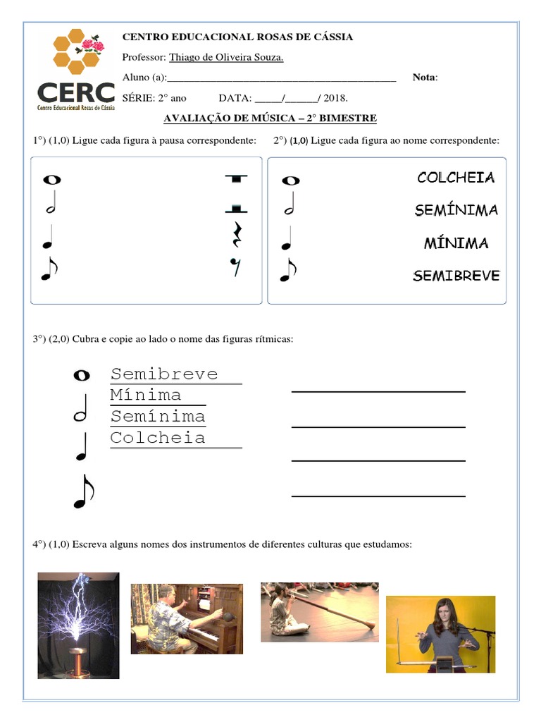 2° Ano - QTD 21 - Avaliação de Música | PDF