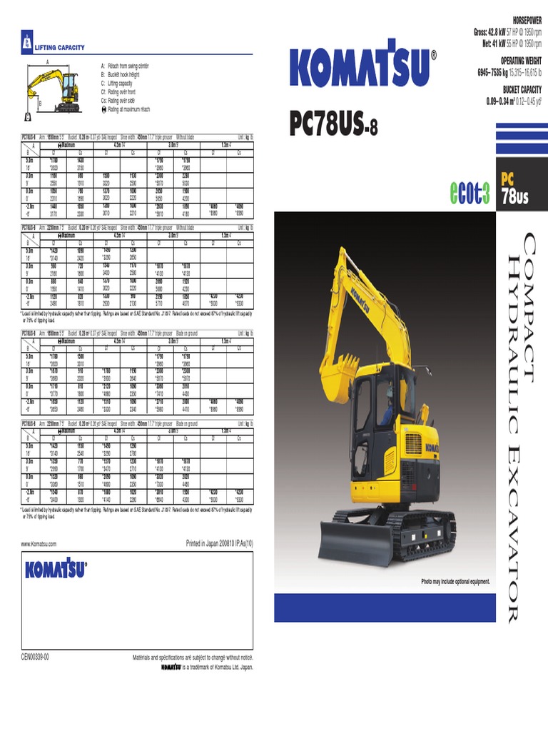 Komatsu PC78US-8 Excavator Specs | PDF | Horsepower | Engines