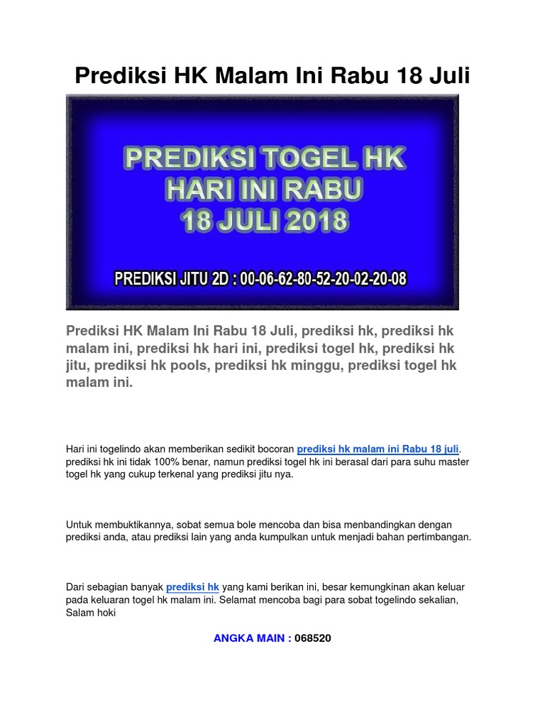 Prediksi Hk Malam Ini Rabu 18 Juli Pdf
