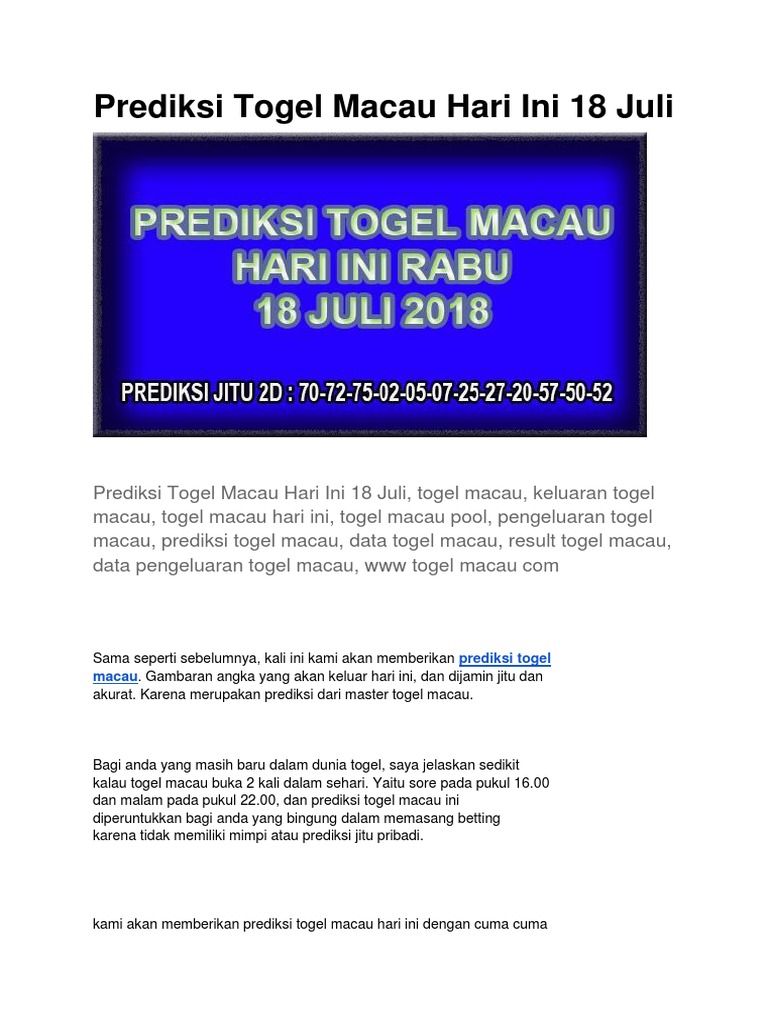 Prediksi Togel Macau Hari Ini 18 Juli