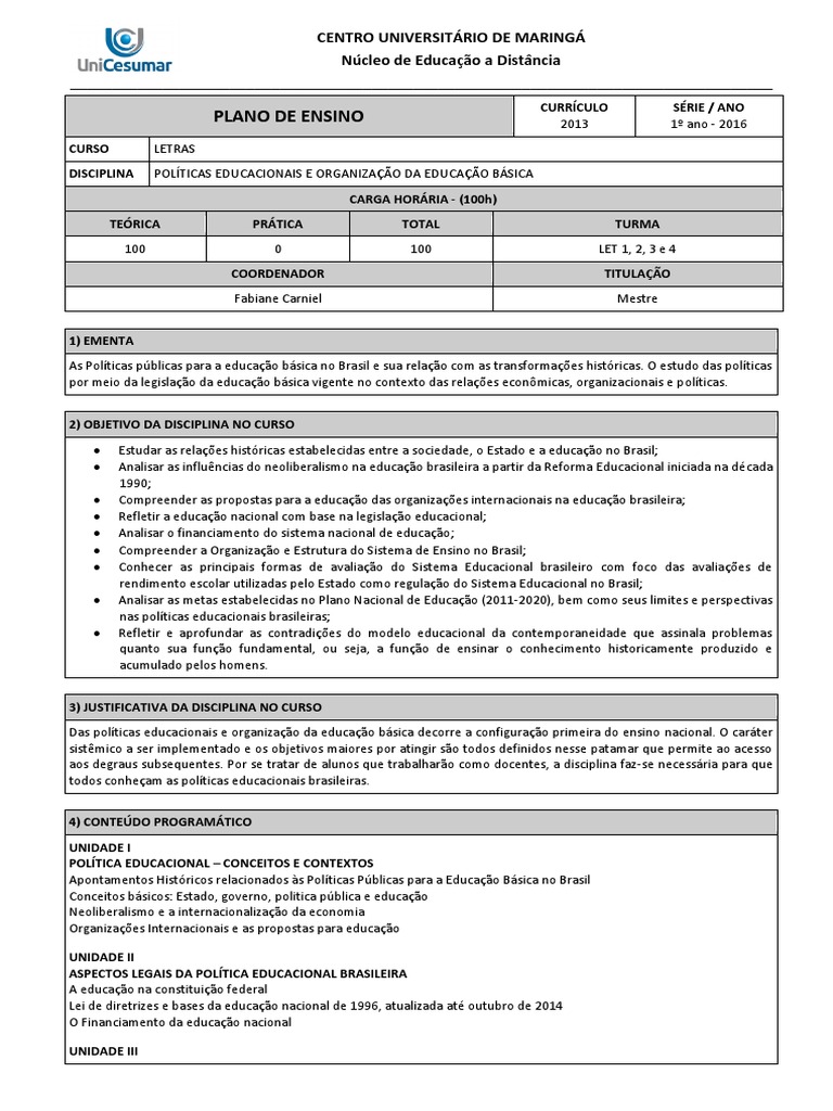 Plano de Ensino - Pol Ed e Org Da Ed Básica | PDF | Educação à ...