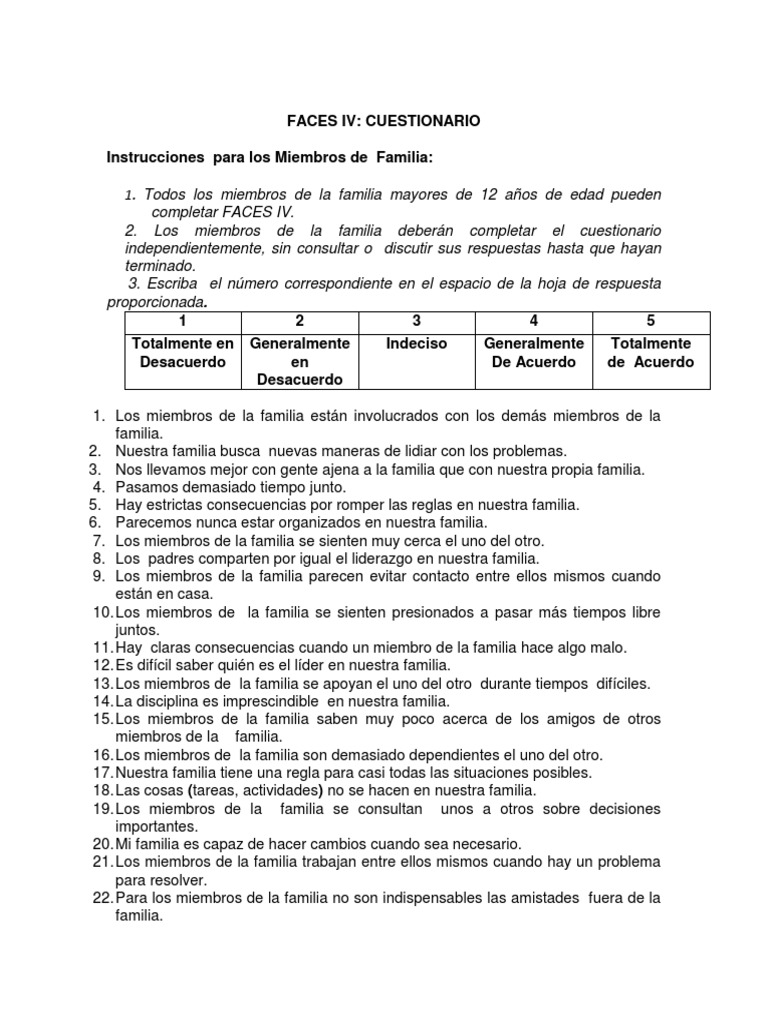Cuestionario FACES IV para Familias | PDF | Violencia