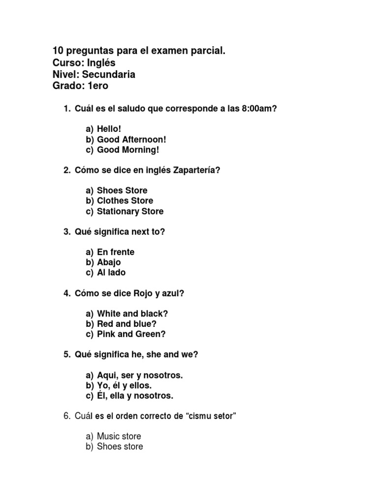 Examen de Inglés 1° Secundaria | PDF
