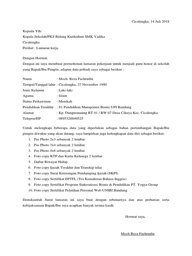 Surat Lamaran Kerja Sekolah | PDF