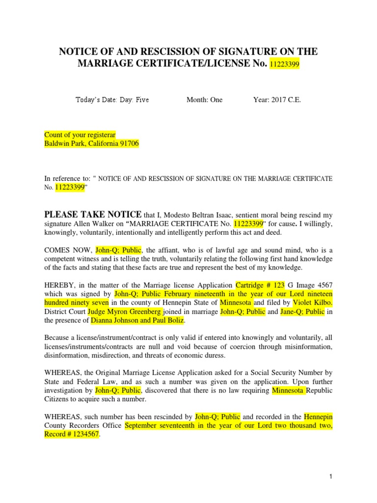 Rescission of Marriage Certificate No. 11223399 | PDF | Power Of ...