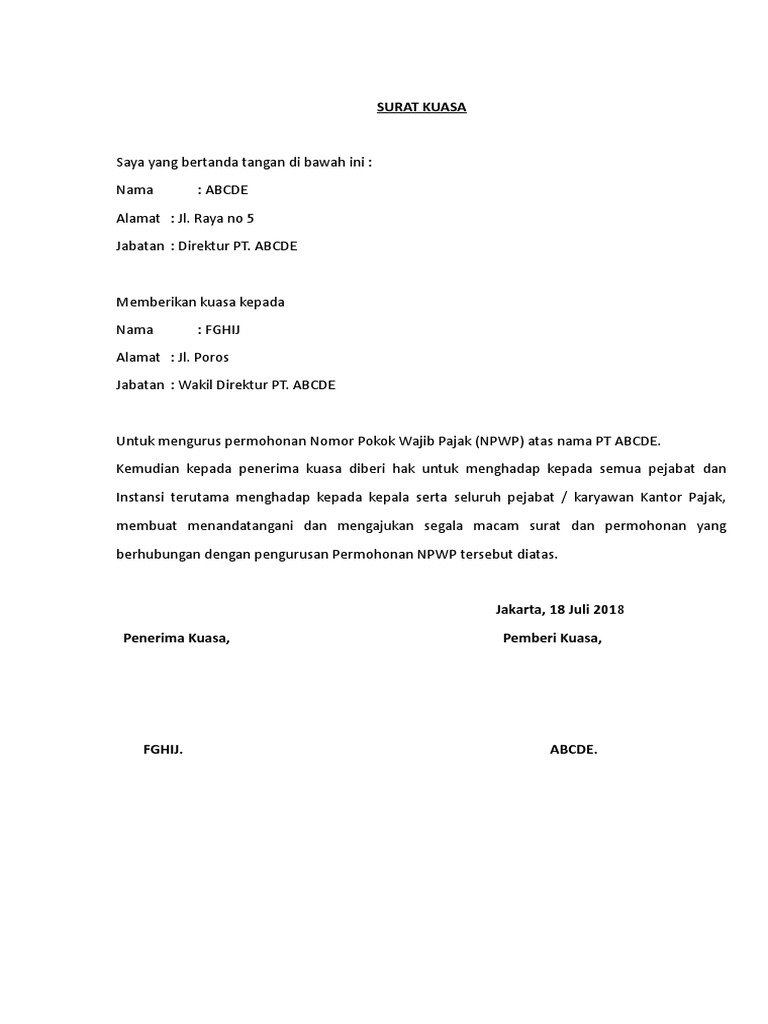 Contoh Surat Kuasa Pembuatan Npwp - SuratMenyurat.Net