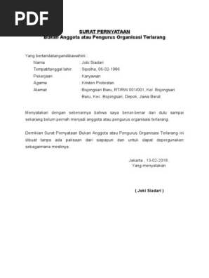 Surat Pernyataan Bukan Pengurus Atau Anggota Anisasi Terlarang