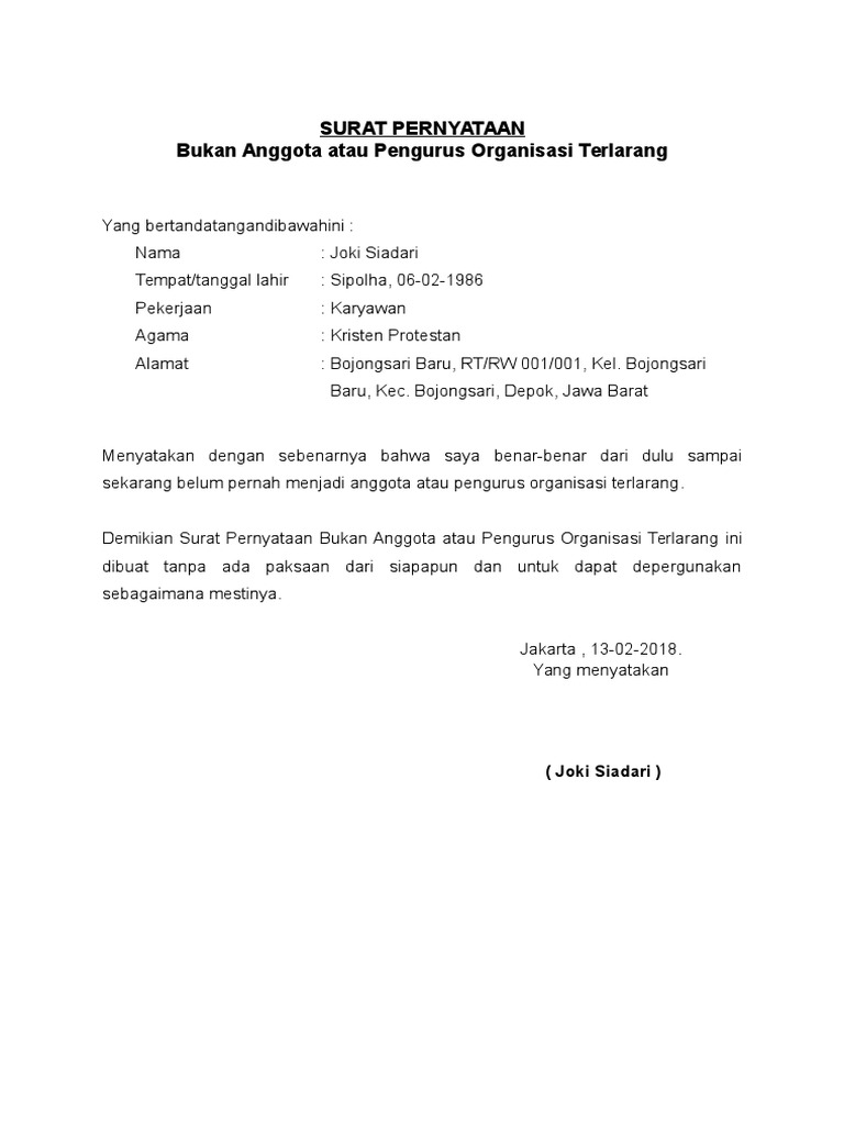 Surat Pernyataan Bukan Pengurus Atau Anggota Anisasi Terlarang