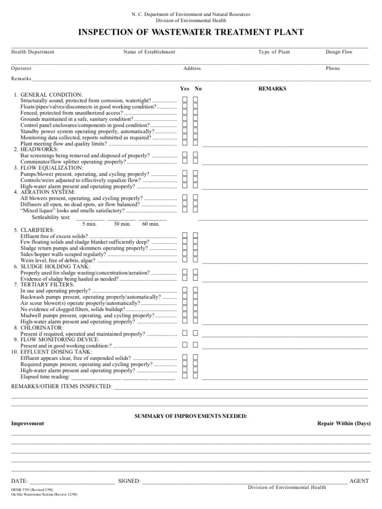Wastewater Treatment Plant Inspection Checklist | PDF | Water And The ...