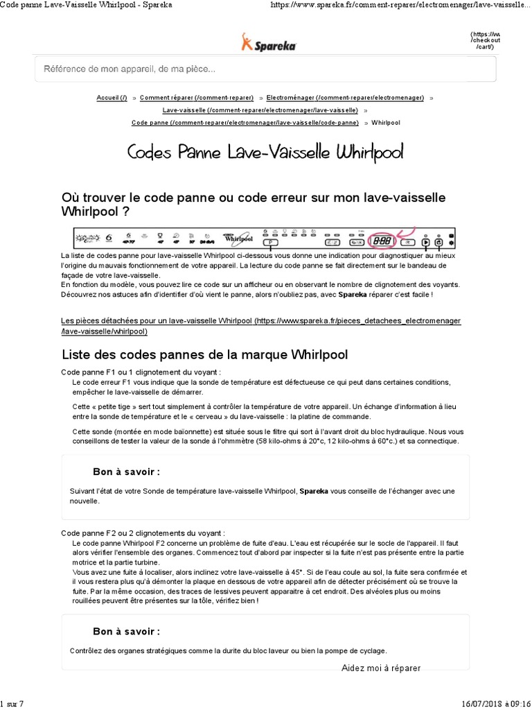 Codes pannes lavevaisselle Whirlpool PDF Lavevaisselles Pompe — free download