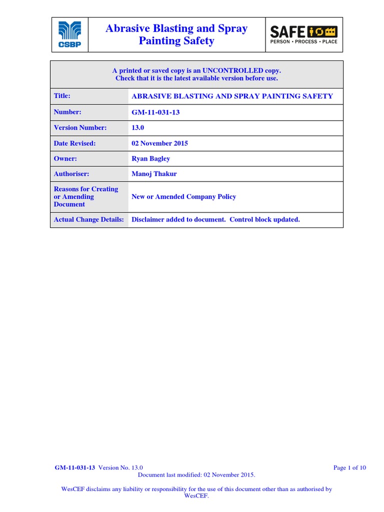 Abrasive Blasting and Painting Safety Guide | PDF | Safety | Personal ...