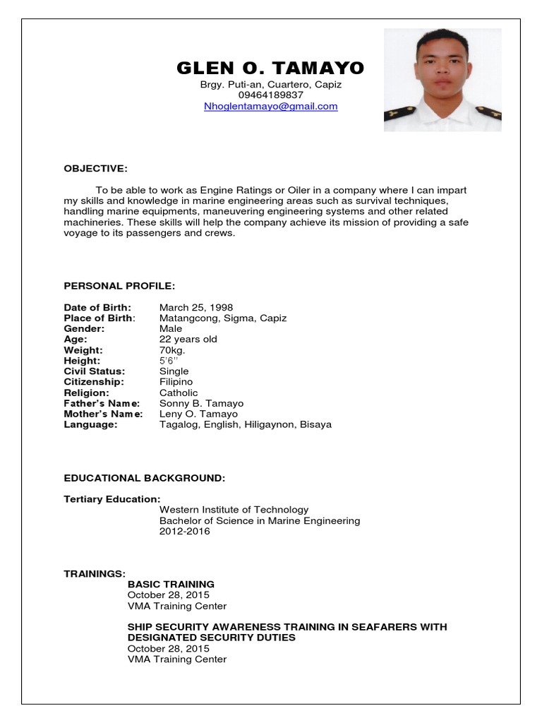 Marine Engineering Resume PDF Ships Engineering