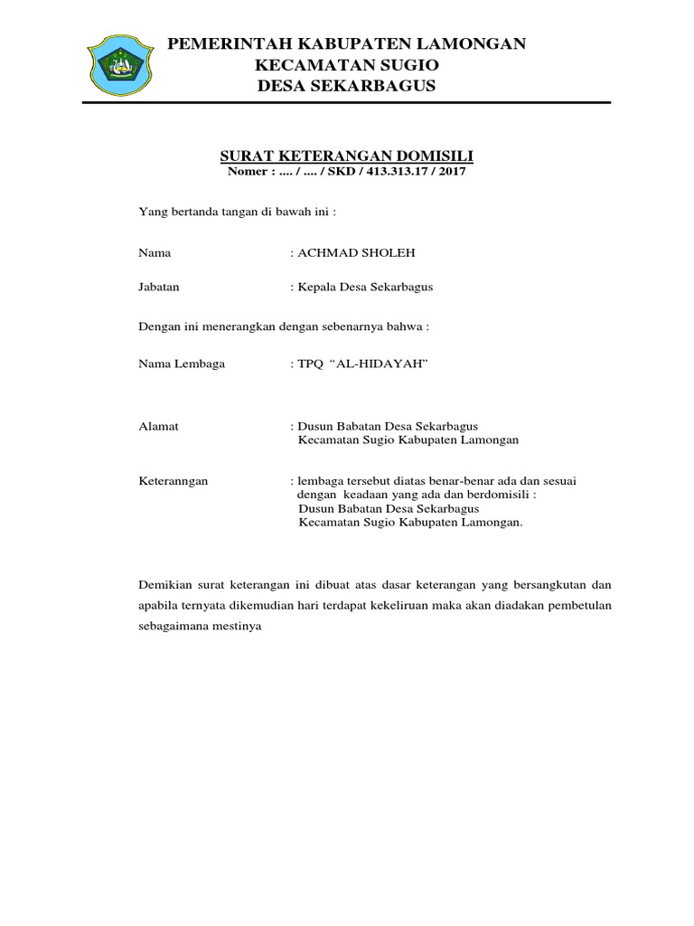 Surat Domisili Tpq Letters For You