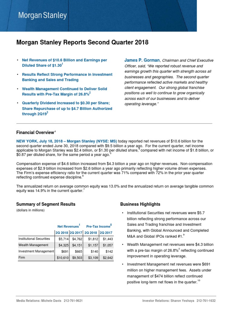 Morgan Stanley Reports Second Quarter 2018: James P. Gorman | PDF ...