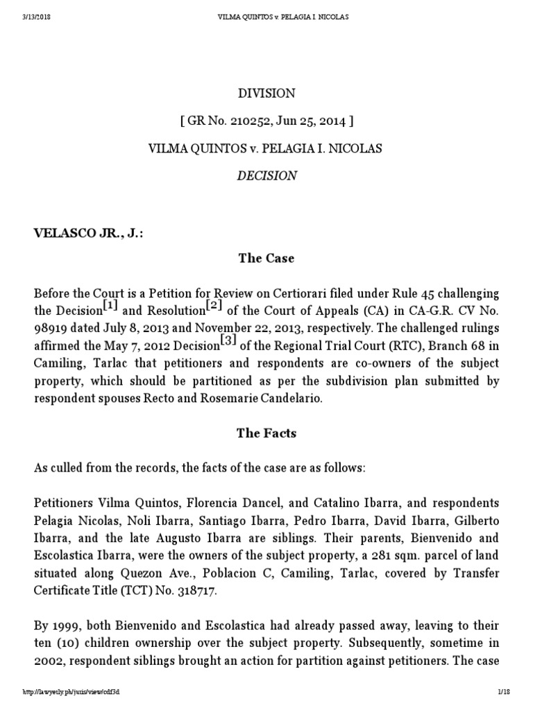 Vilma Quintos v. Pelagia I. Nicolas PDF Laches (Equity) Lawsuit