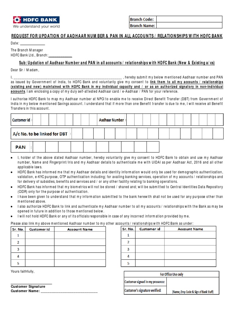 HDFC Aadhaar Update Consent Form | PDF | Official Documents | National ...