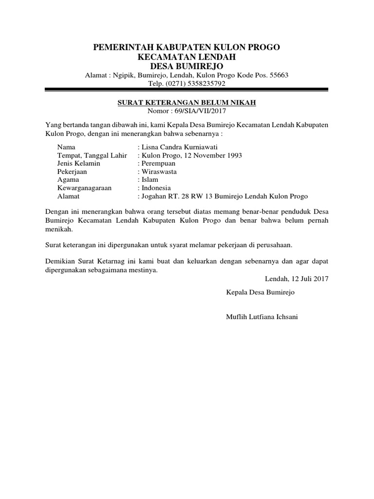 Contoh Surat Keterangan Belum Menikah | PDF