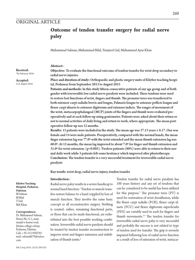 Salman-Outcome of Tendon Transfer Surgery For Radial Nerve | PDF ...