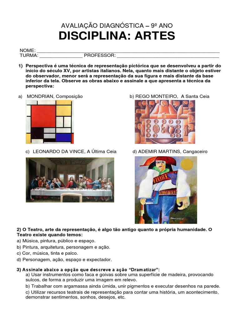 Avaliacao Diagnostica 9º Ano Ado Artes PDF | PDF | Pinturas | Desenho, image size:768x1024