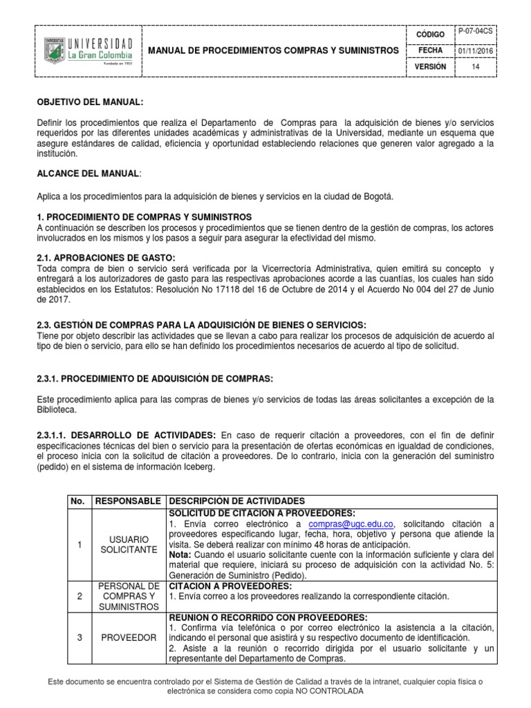 Manual Procedimientos Pras Suministros Factura Calidad Ercial