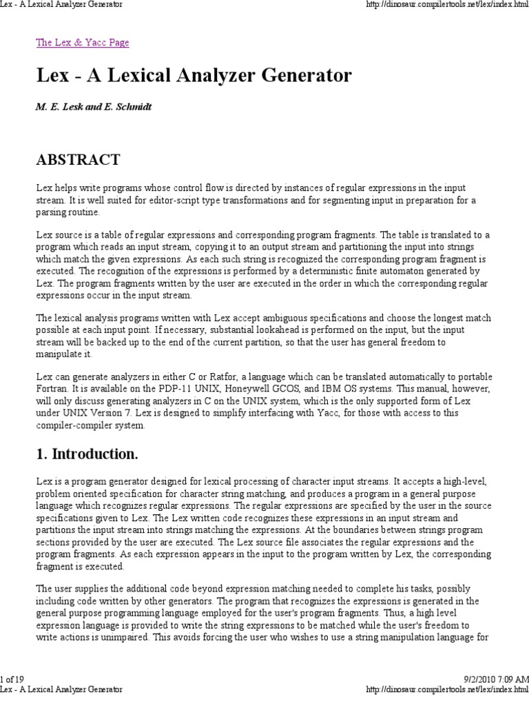 Lex: Lexical Analyzer Generator Guide | PDF | Parsing | C (Programming ...