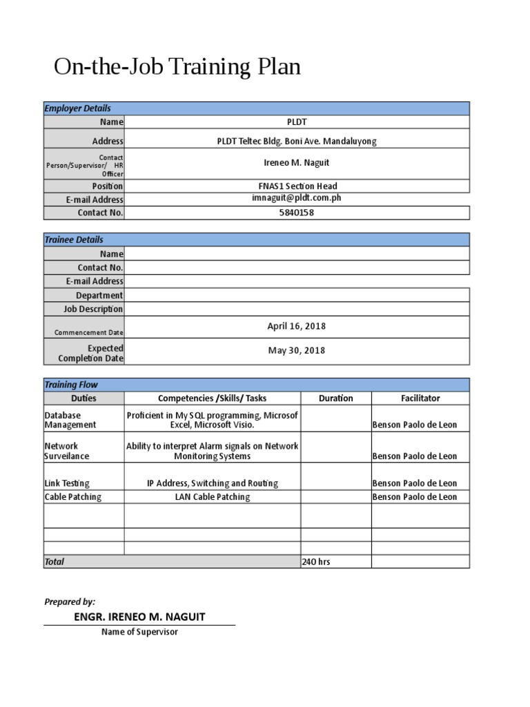 PLDT On-the-Job Training Plan | PDF | Computers