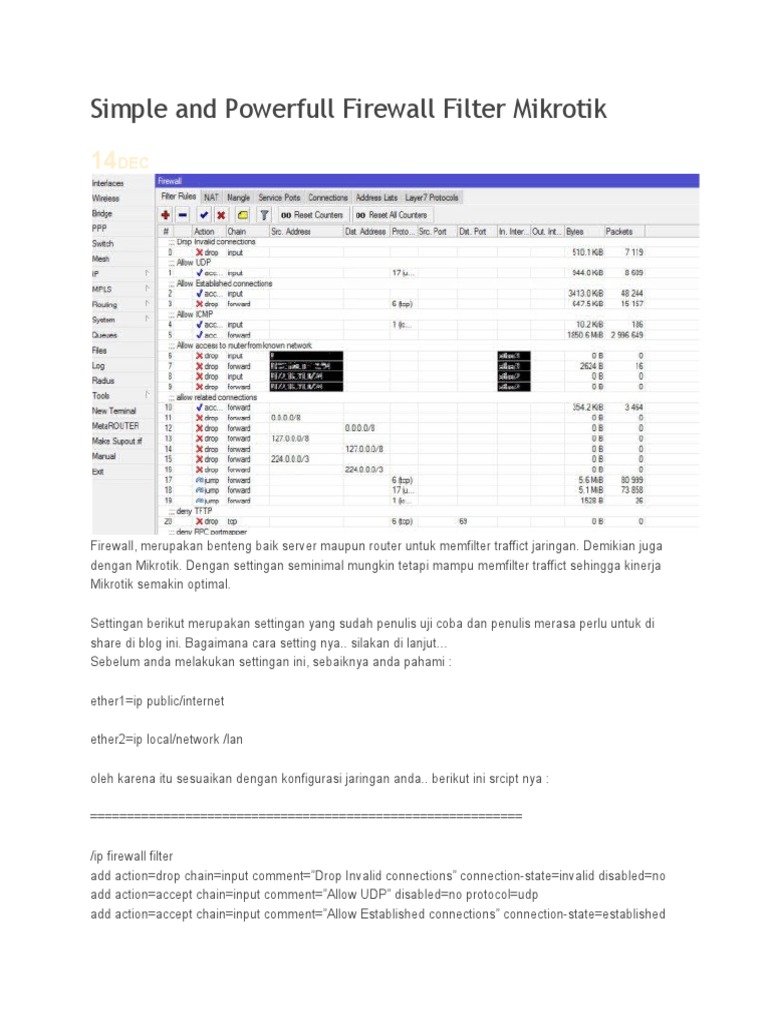 Mikrotik Firewall Filter Setup Guide | PDF | Network Layer Protocols ...
