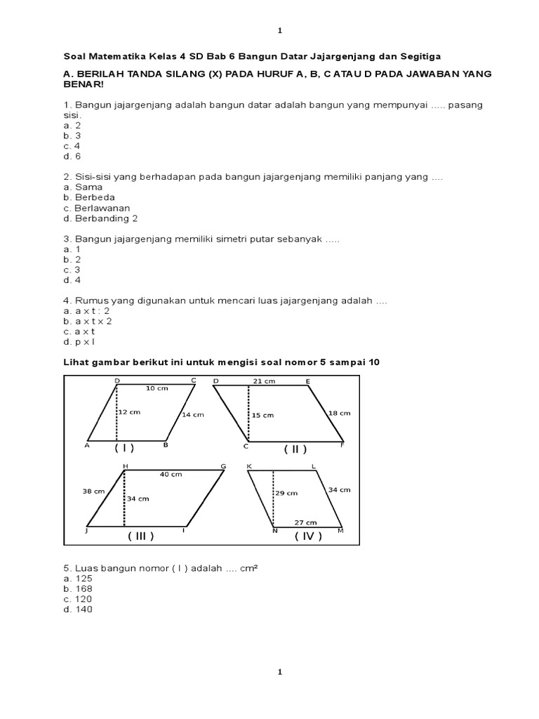 Soal Matematika Kelas 4 Sd Bab 6 Bangun Datar Jajargenjang Dan Segitiga