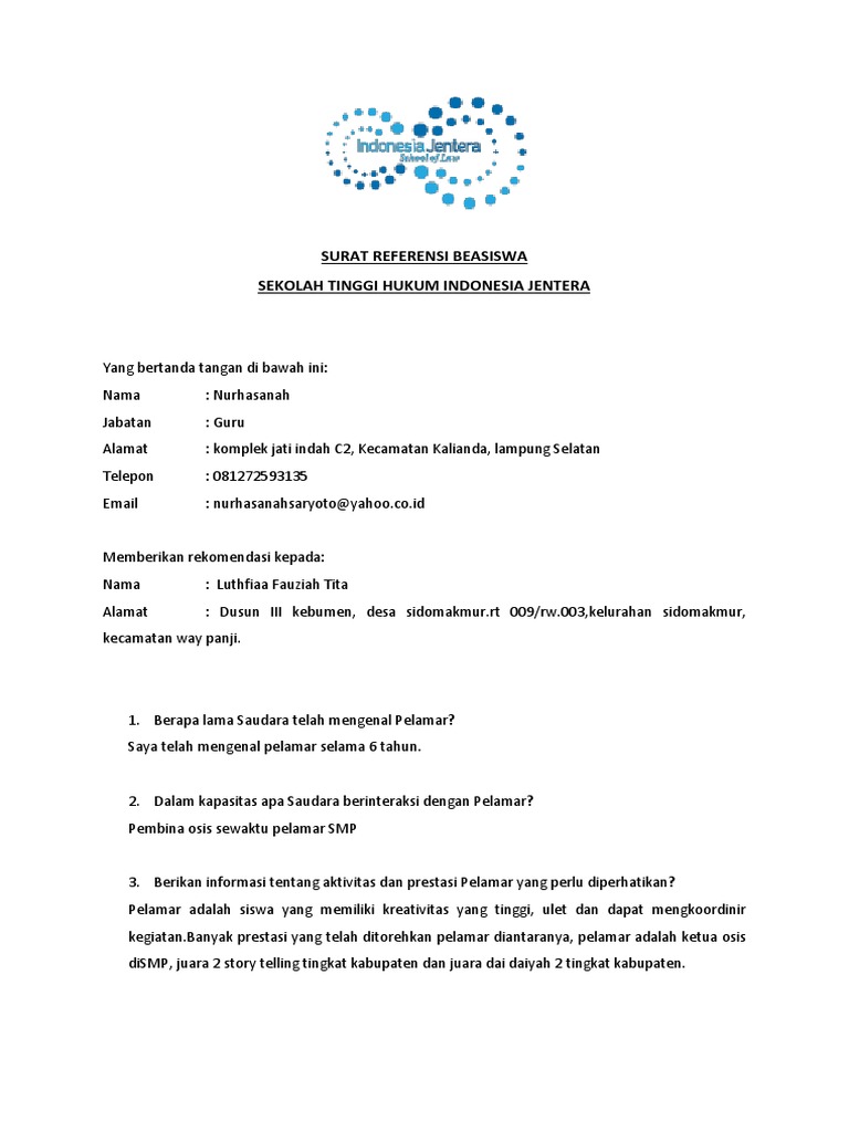 Surat Rekomendasi Beasiswa 2
