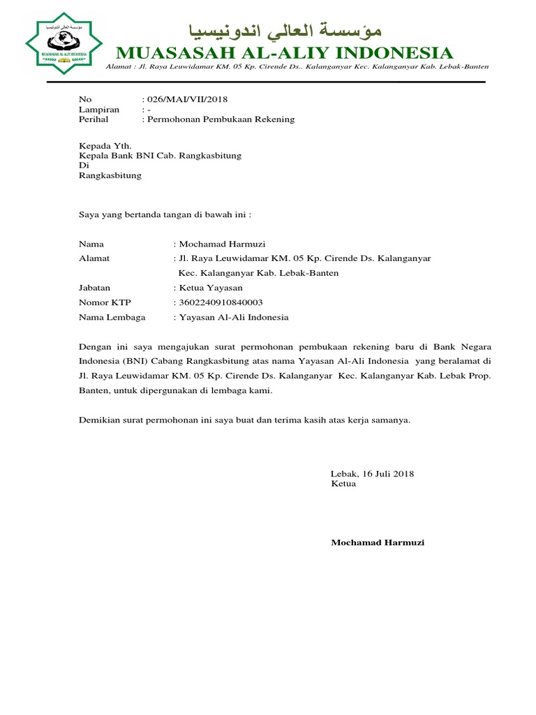 Surat Permohonan Buka Rekening Mai
