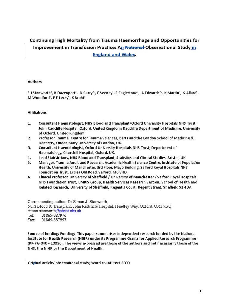 Trauma Haemorrhage: National Study Insights | PDF | Bleeding | Major Trauma