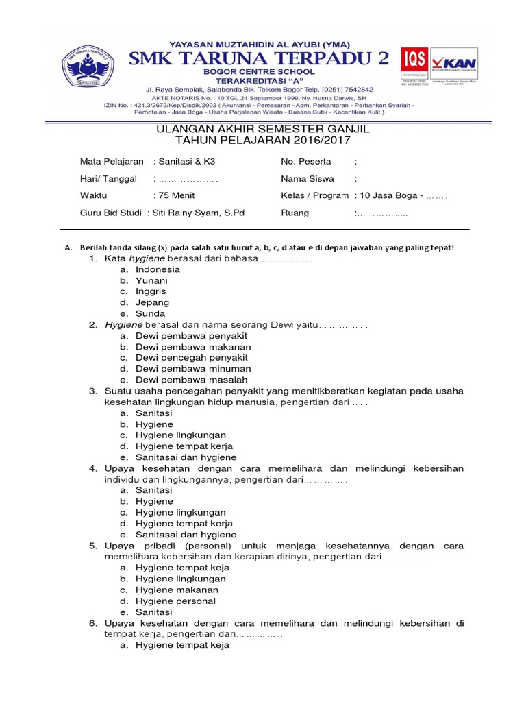 Soal Uas Ganjil Sanitasi