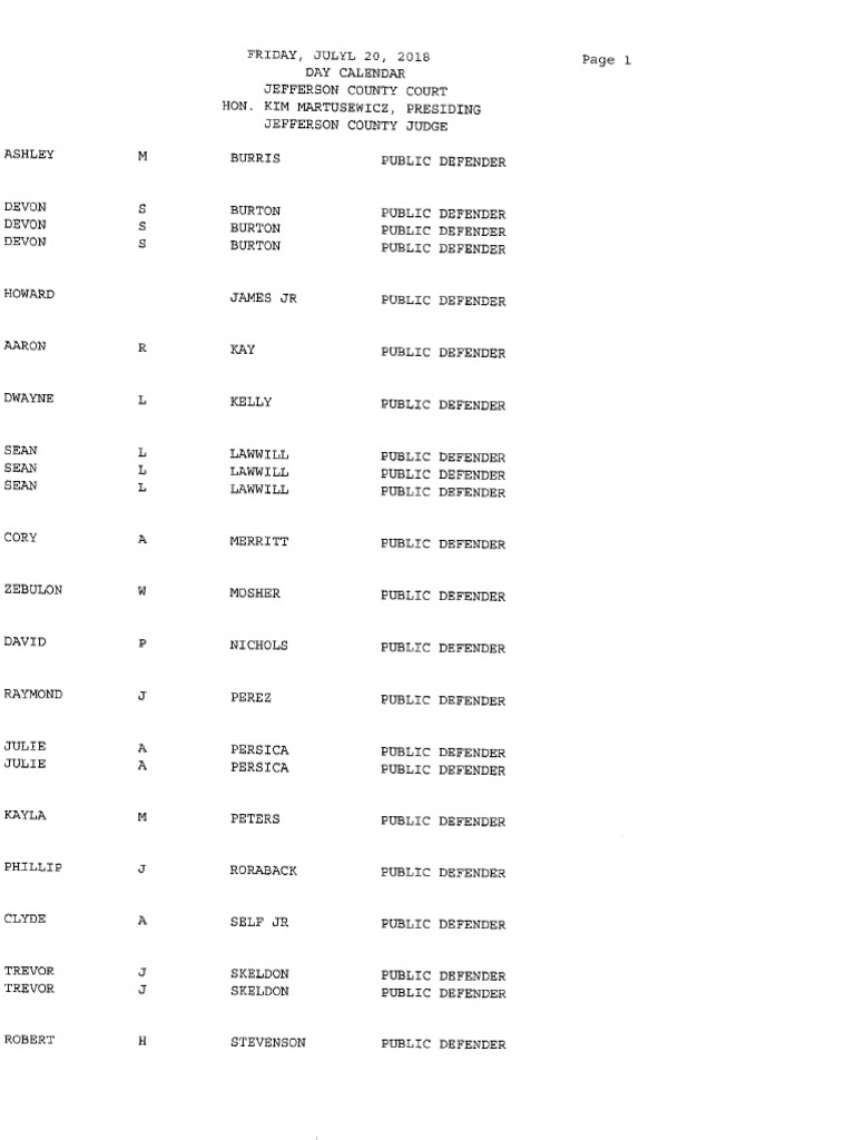 Jefferson County Court calendar July 20, 2018