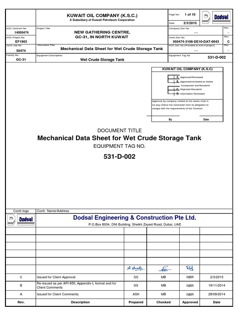 Mechanical Data for Wet Crude Tank | PDF | Screw | Petroleum