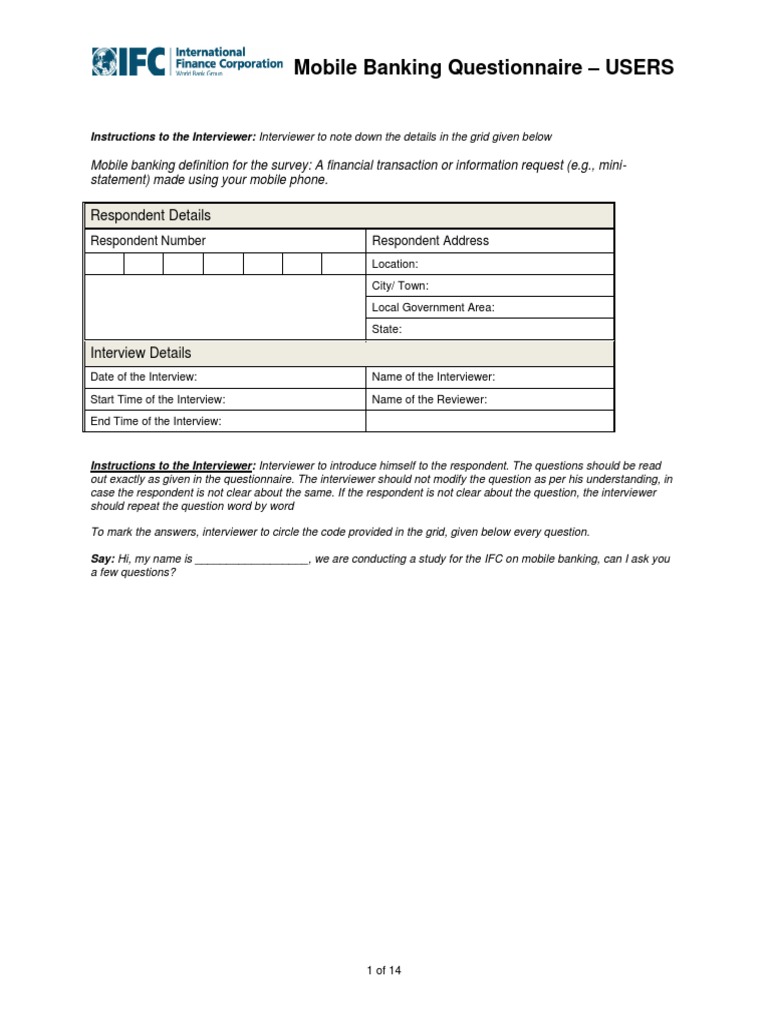 Mobile Banking Questionnaire - Users: Respondent Details | PDF | Mobile ...