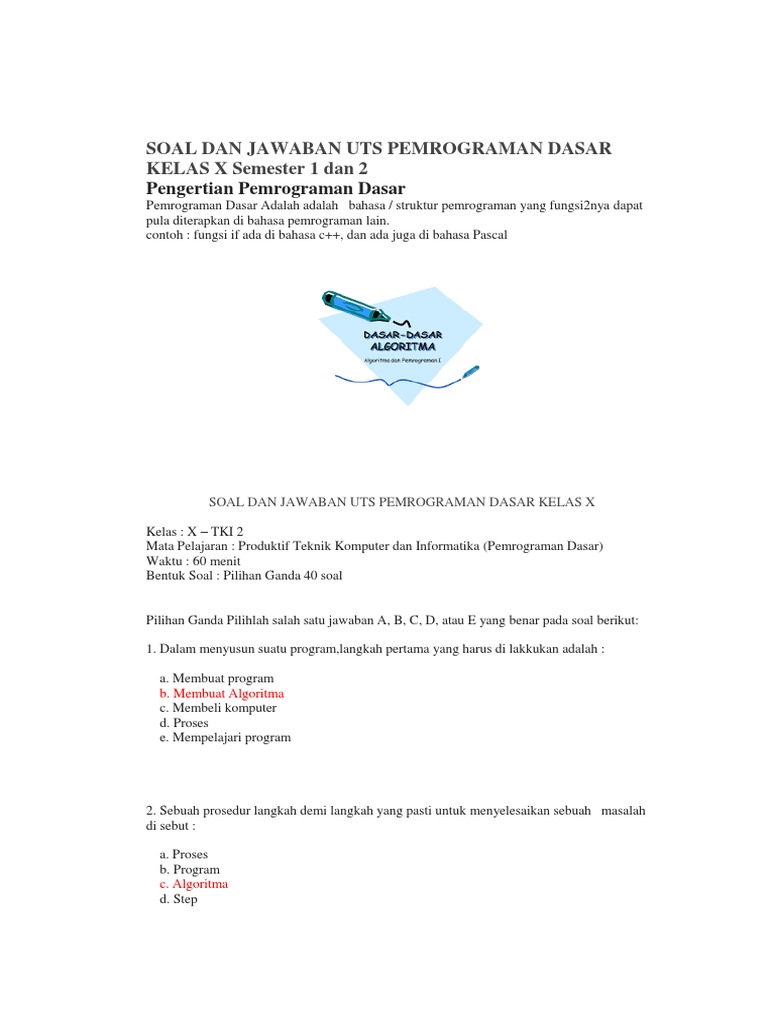 Soal Dan Jawaban Uts Pemrograman Dasar Kelas X Semester 1 Dan 2 Docx