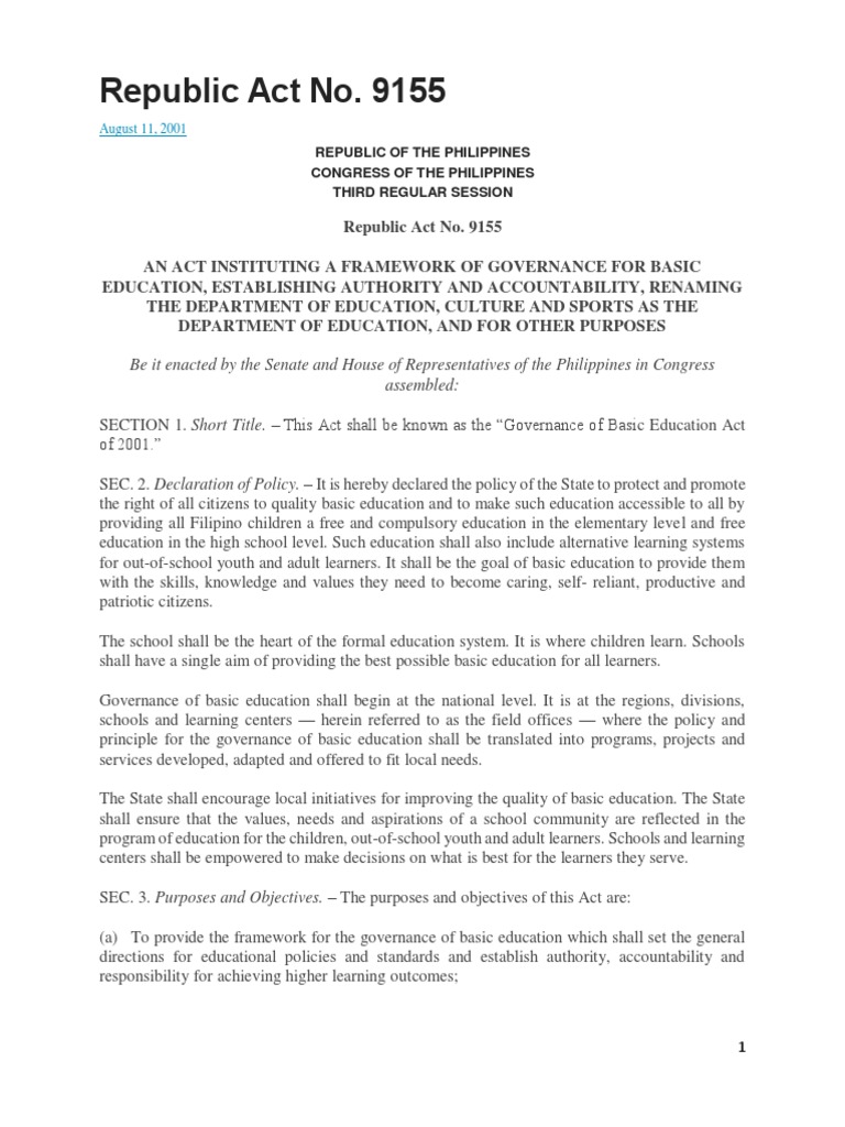 Legal Framework of RA 9155 in Education | PDF | Governance | Teachers