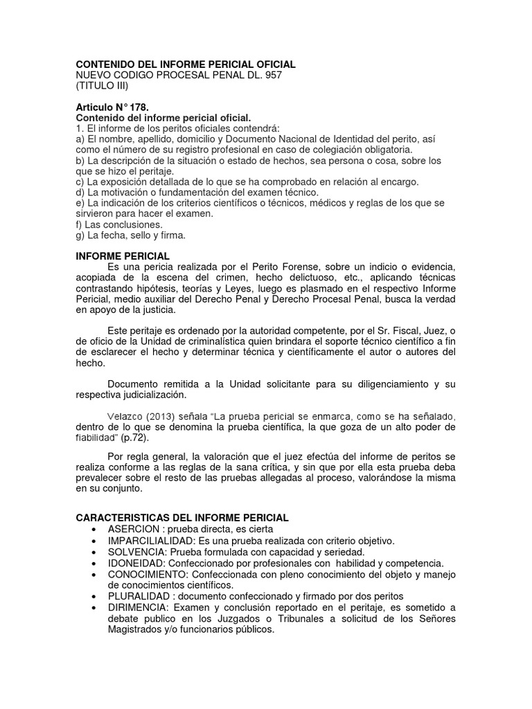 Informe Pericial PDF Testigo Experto Evidencia ley 