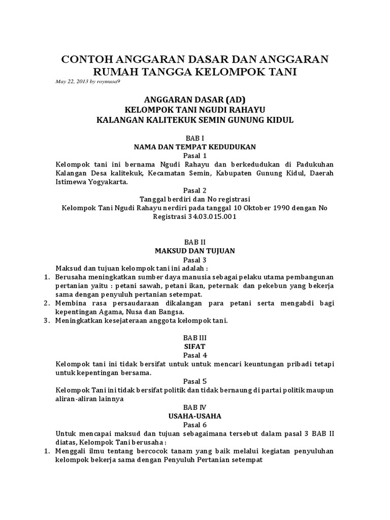 Contoh AD/ART Kelompok Tani 2023 | PDF