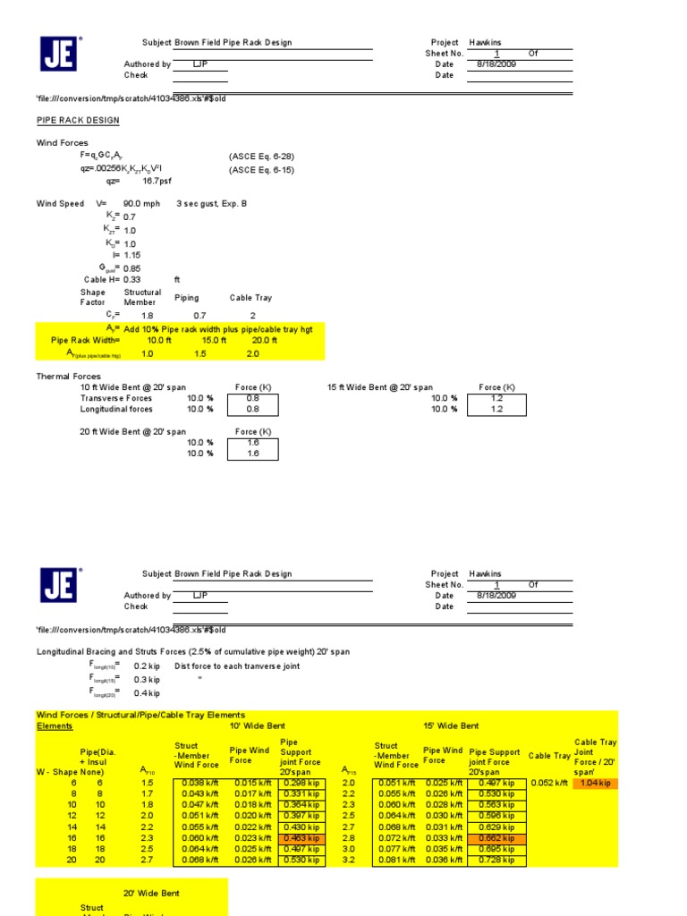 Brown Field Pipe Rack Design Calculations for Project Hawkins PDF