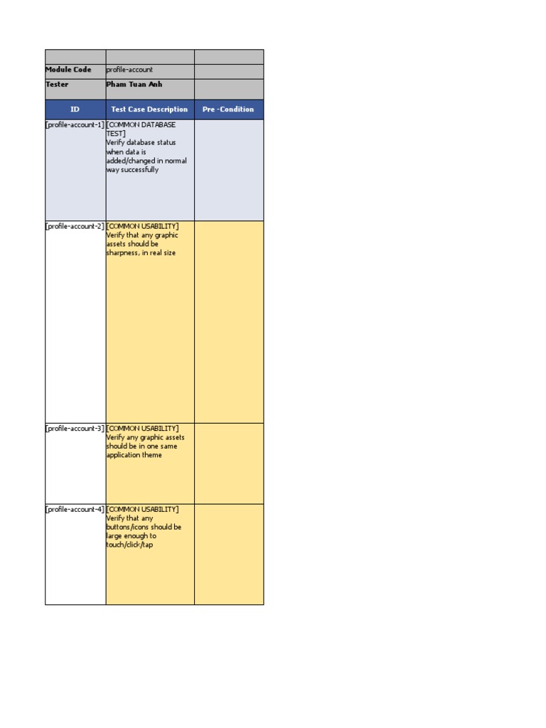 ID Test Case Description Pre Condition Module Code Tester Pham Tuan