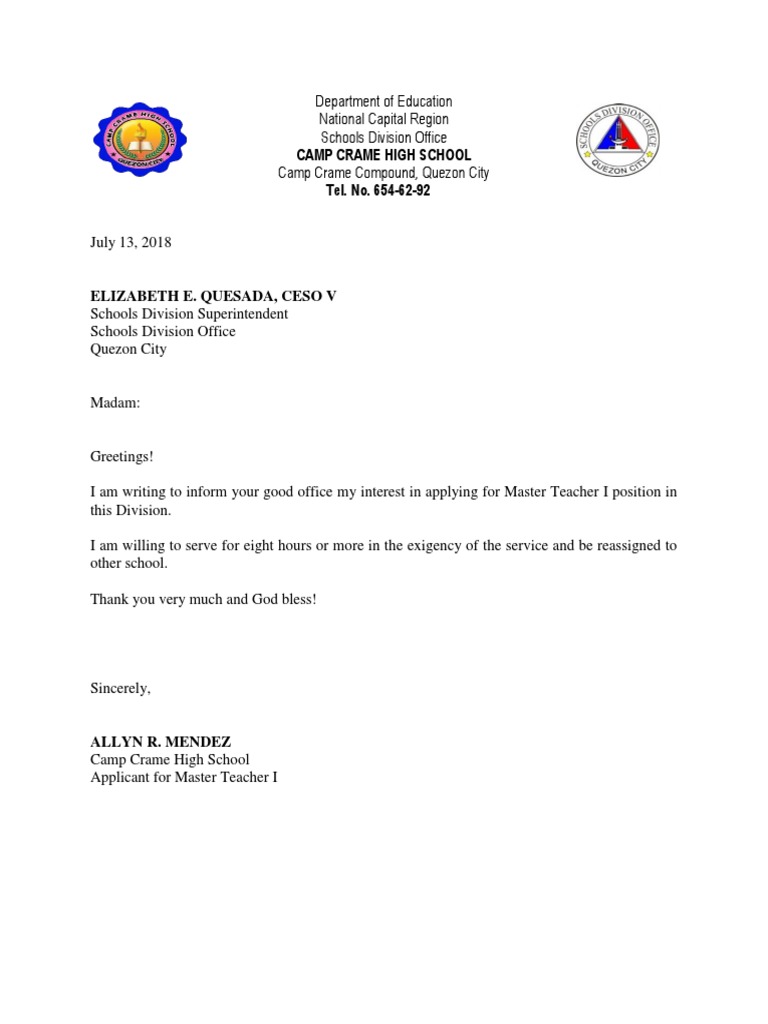 Letter of Intent for Master Teacher I | PDF